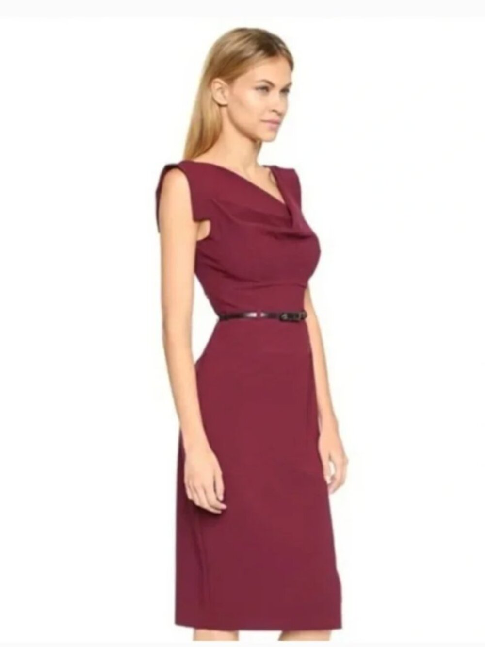 Black Halo Burgundy Jackie O Pencil Skirt Belted Sheath Dress - great condition
